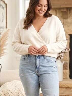 Ava & Viv Cream Faux Wrap Pullover Sweater 4X